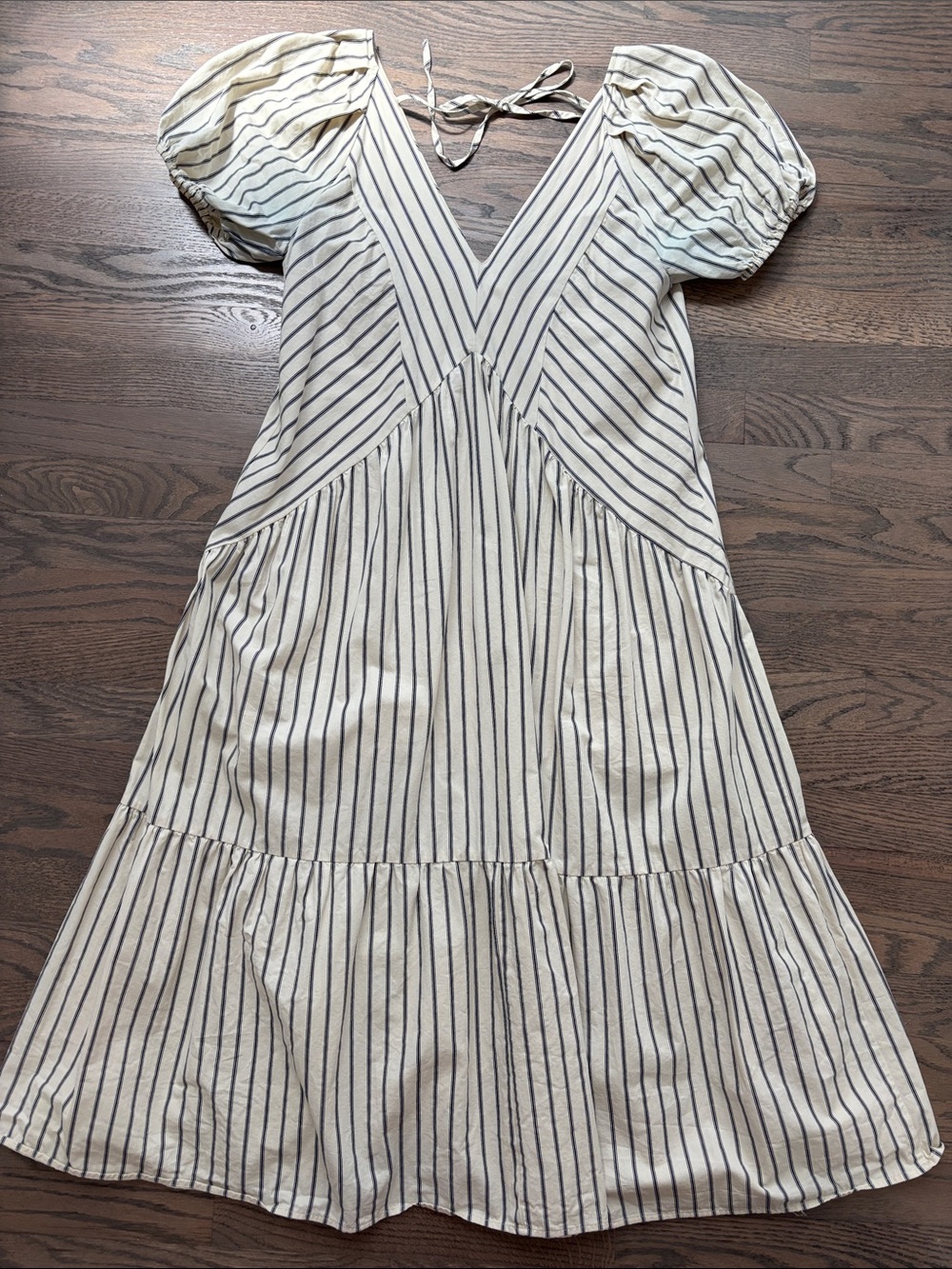 Lumiere Striped Puff-Sleeve V-Neck long Dress in Cream & Black “ticking” stripe